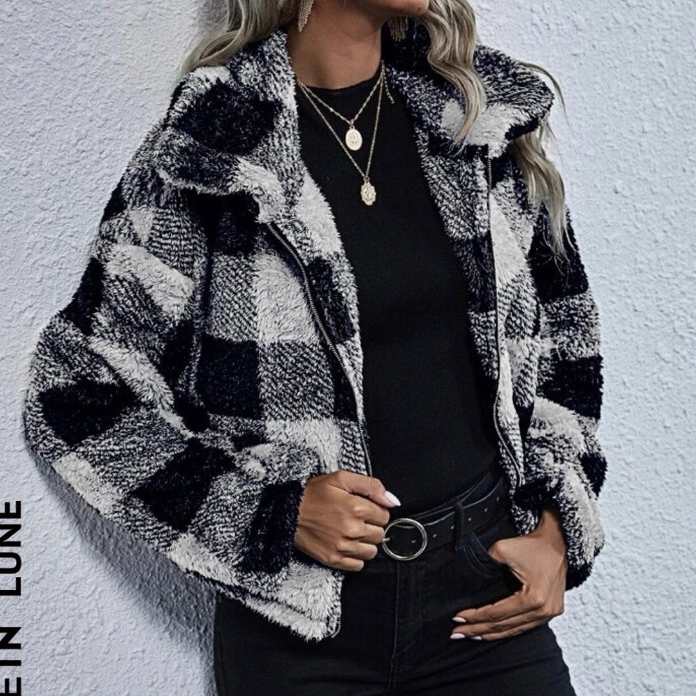 SHEIN LUNE Plaid Print Zip Up Drop Shoulder Teddy Jacket